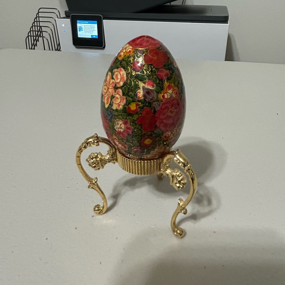 Floral Decorative Egg with Gold Stand